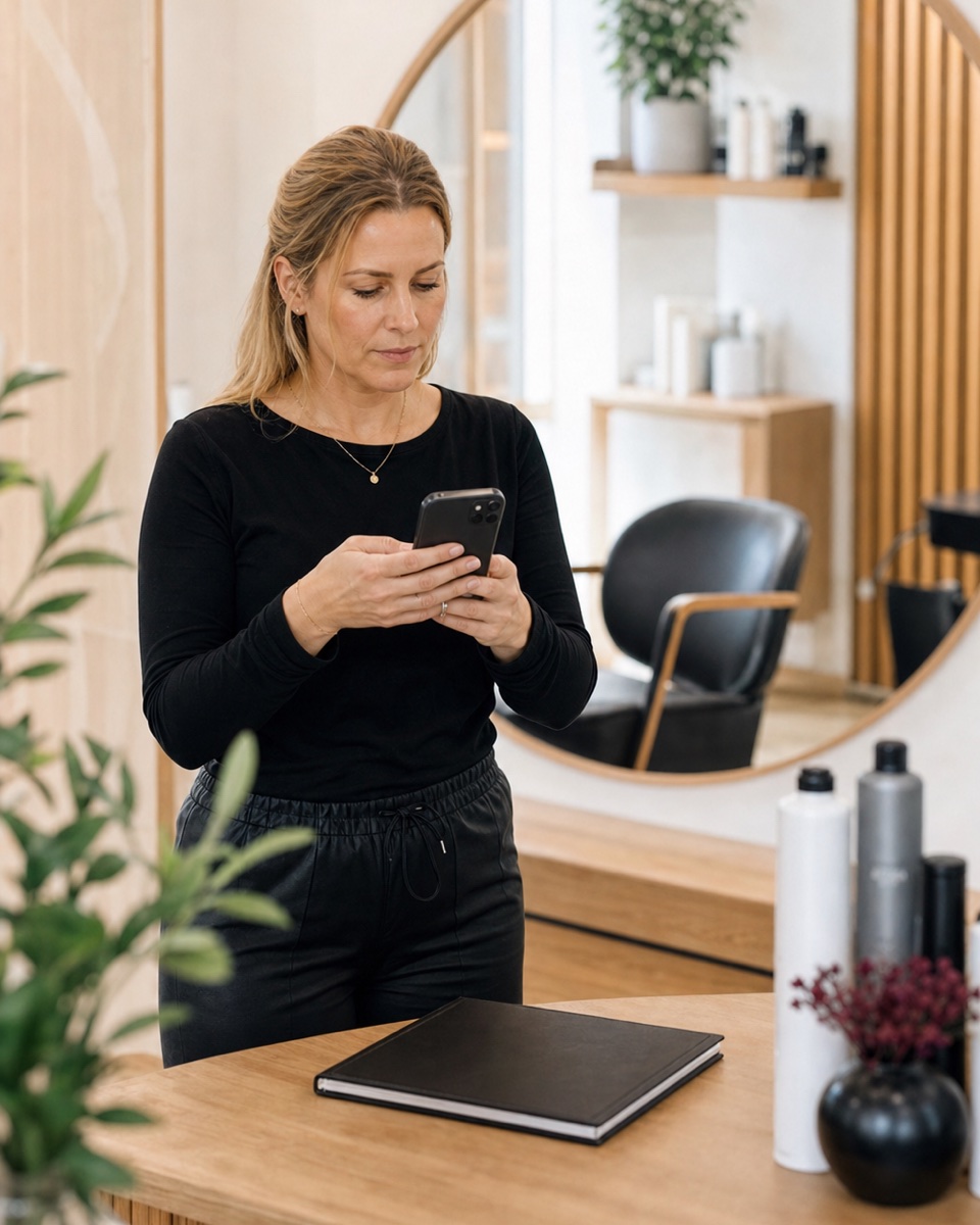 Frisør som går gjennom en ny kundehenvendelse på telefonen mellom behandlinger