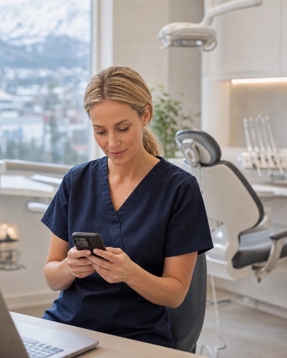 Tannlege som går gjennom nye timehenvendelser på telefonen etter en behandling