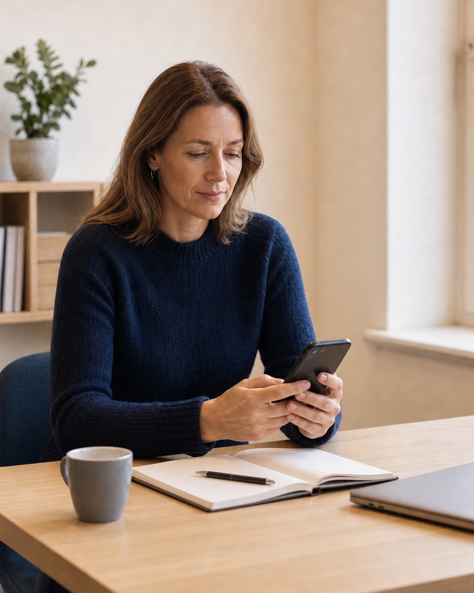 Rådgiver som går gjennom en ny klienthenvendelse på telefonen etter møtet
