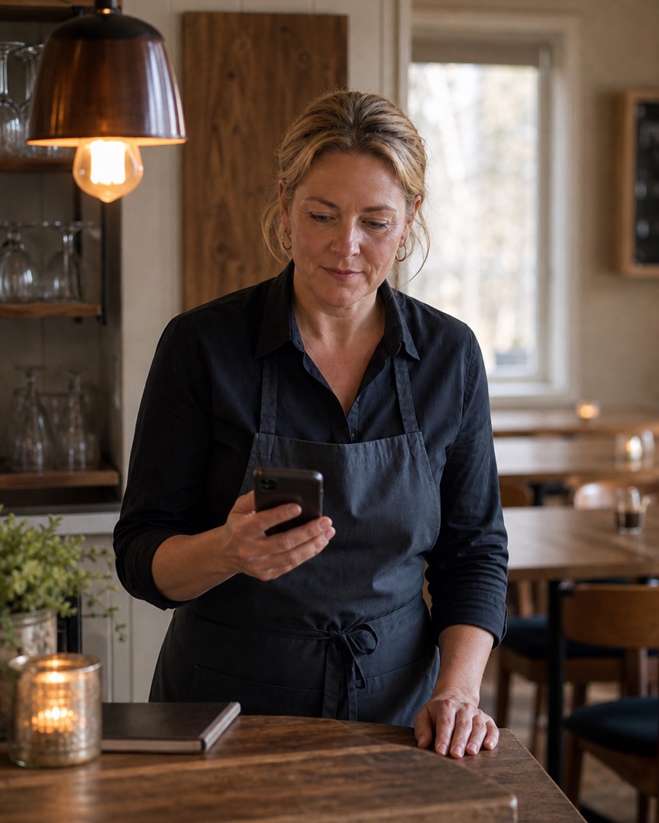 Restaurantvert som går gjennom en ny reservasjon på telefonen etter servicen