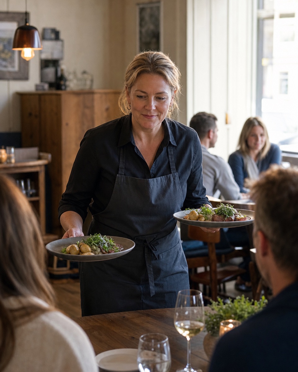 Restaurantvert som serverer to gjester med begge hendene opptatt