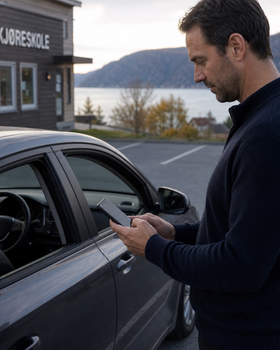 Kjørelærer som går gjennom nye elevhenvendelser på telefonen ved bilen etter kjøretimen